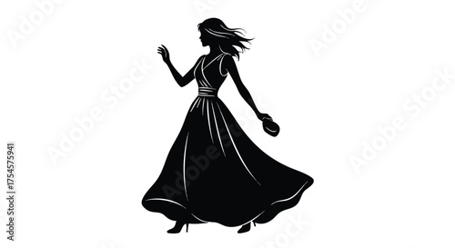 Elegant Silhouette of a Woman in a Flowing Gown, Graceful Pose, Holding a Clutch, Design Element