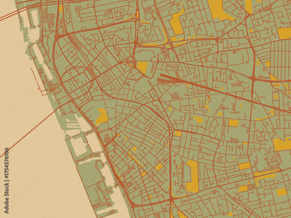 Obraz premium Modern flat map poster of Liverpool Center, United Kingdom in olive backdrop with warm rust street network and ochre blocks.