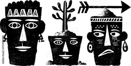 Tribal folk art in blackwork style featuring abstract faces and nature motifs