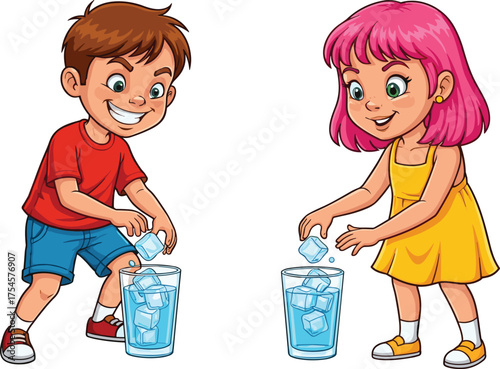 Children placing ice cubes, cartoon science experiment, water and temperature activity, playful behavior moment, expressive emotion, physical change illustration