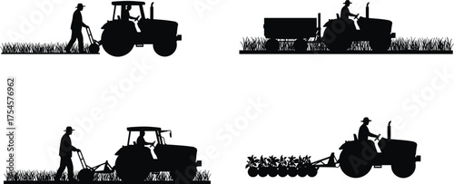 Farmer working with tractor in agricultural field, silhouette of rural farming activity, cultivation, plowing, and crop production illustration vector