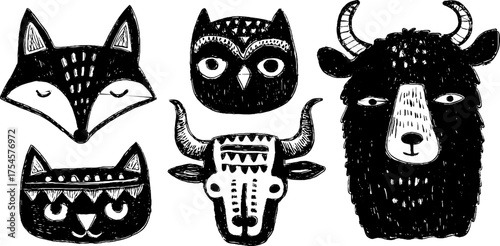 Tribal animal mask collection in folk art blackwork style for bohemian design