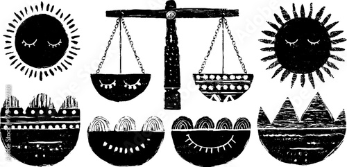 Tribal folk art balance and celestial symbols for bohemian design