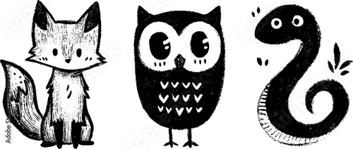 Tribal folk art blackwork animal set - fox, owl, and snake silhouettes for design and decoration