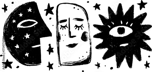 Celestial tribal folk art in blackwork style featuring abstract sun, moon, and stars