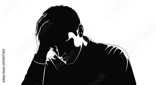 Silhouette of a person with head in hands, representing sadness, grief, and despair on white