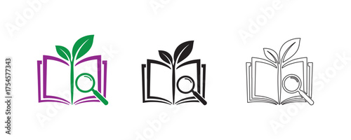 Book with plant and magnifying glass representing knowledge and growth
