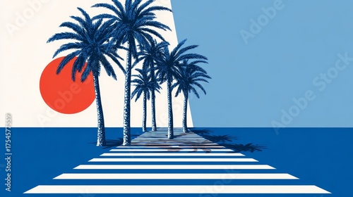 abstract illustration of vacation, summer background, sea as white and blue stripes, palms, sun