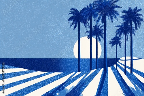 graphic summer illustration of sea as white and blue stripes, palms, sun, abstract