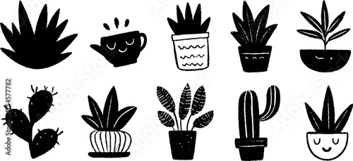 Tribal folk art blackwork style desert plants collection for print and design