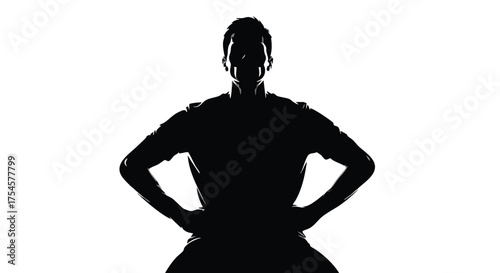 Silhouette of a Confident Person Standing Tall with Hands on Hips Against White Background