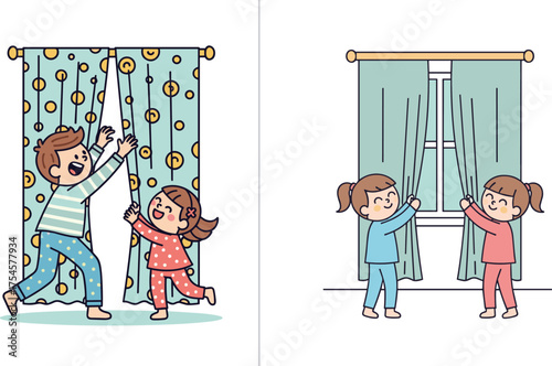Children pointing at movie posters, cartoon cinema scene, action vs thriller contrast, expressive emotion, animated film moment, genre illustration