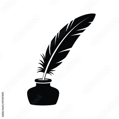Black silhouette of a quill pen in an inkwell