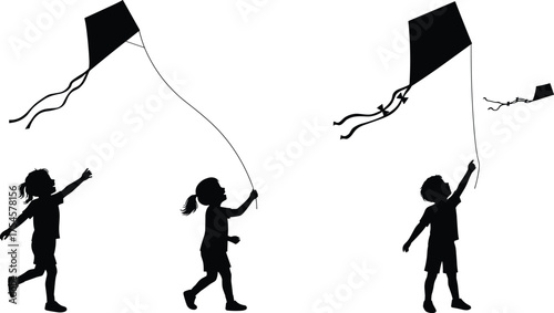 Silhouette of children flying kites in the sky, outdoor fun activity, happy childhood, freedom and playtime concept vector illustration