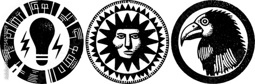 Tribal folk art blackwork symbols collection featuring lightbulb sun and bird designs for artistic inspiration