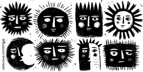 Tribal folk art blackwork moon faces - celestial design for bohemian decor