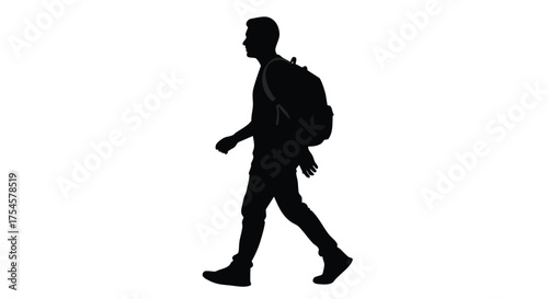 Silhouette of a person with a backpack walking against a white background, perfect for design