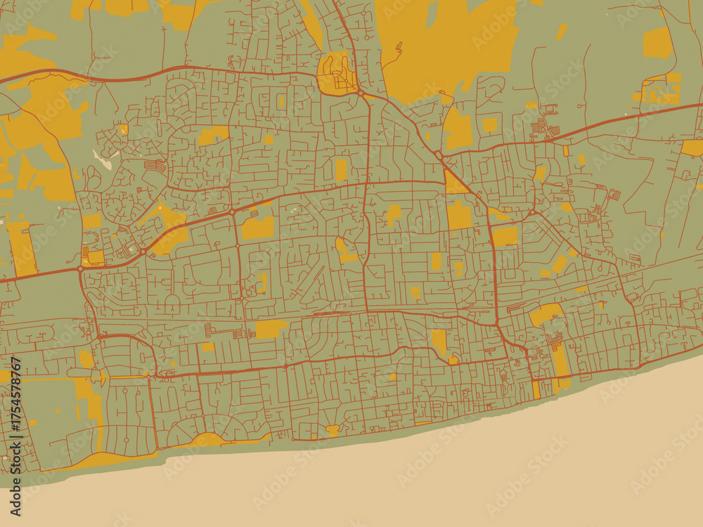 Fototapeta premium Graphic flat color map of Worthing, United Kingdom in earthy sage background with rust roadways and ochre details.