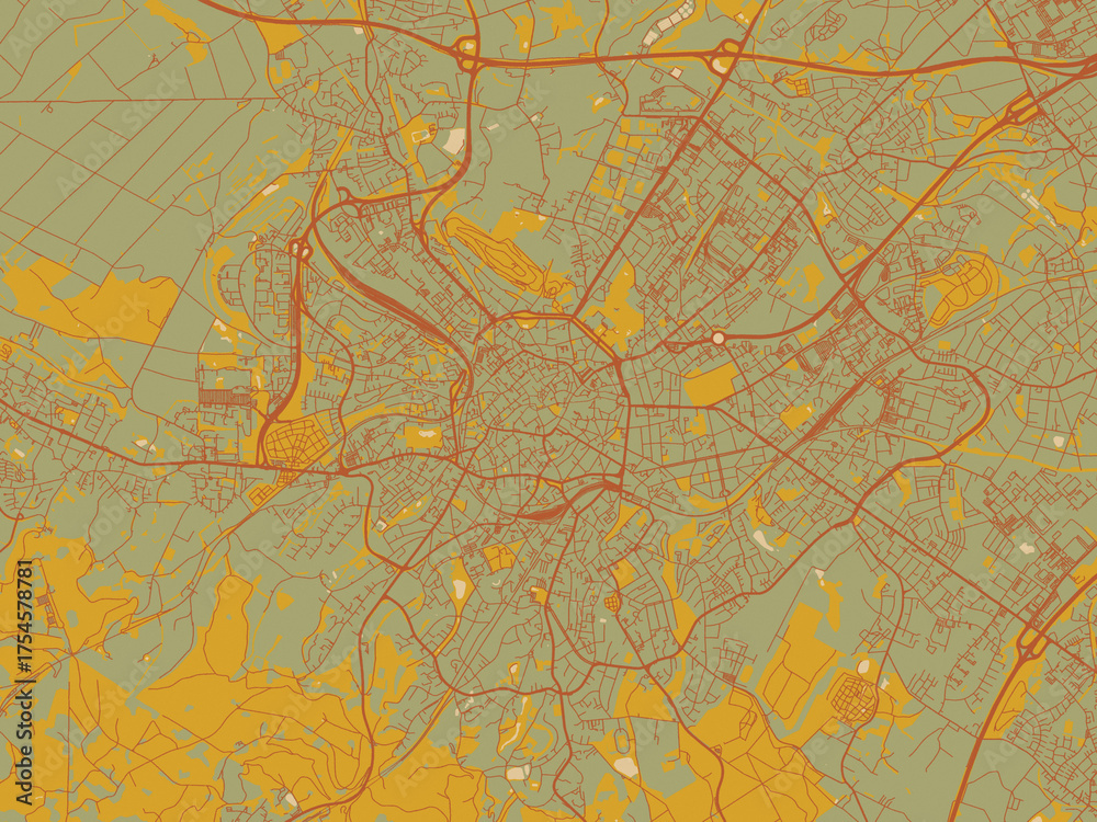 Obraz premium Flat painterly map of Aachen, Germany in earthy sage background with rust roadways and ochre details.