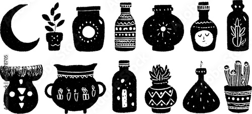 Tribal folk art blackwork ritual objects and pottery silhouettes for boho design