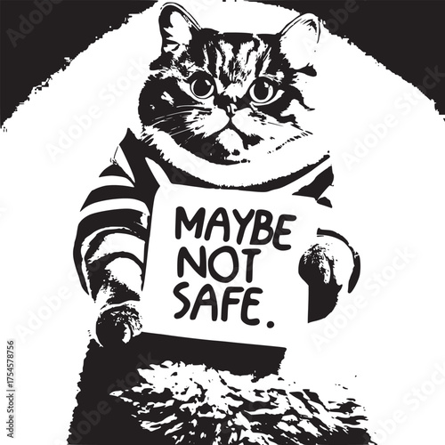 Vector art of fluffy cat wearing a shirt holds a sign