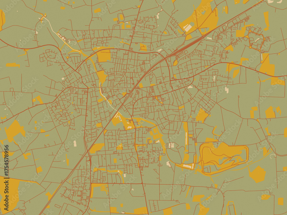 Obraz premium Contemporary flat map of Ahlen, Germany design with olive backdrop with warm rust street network and ochre blocks.