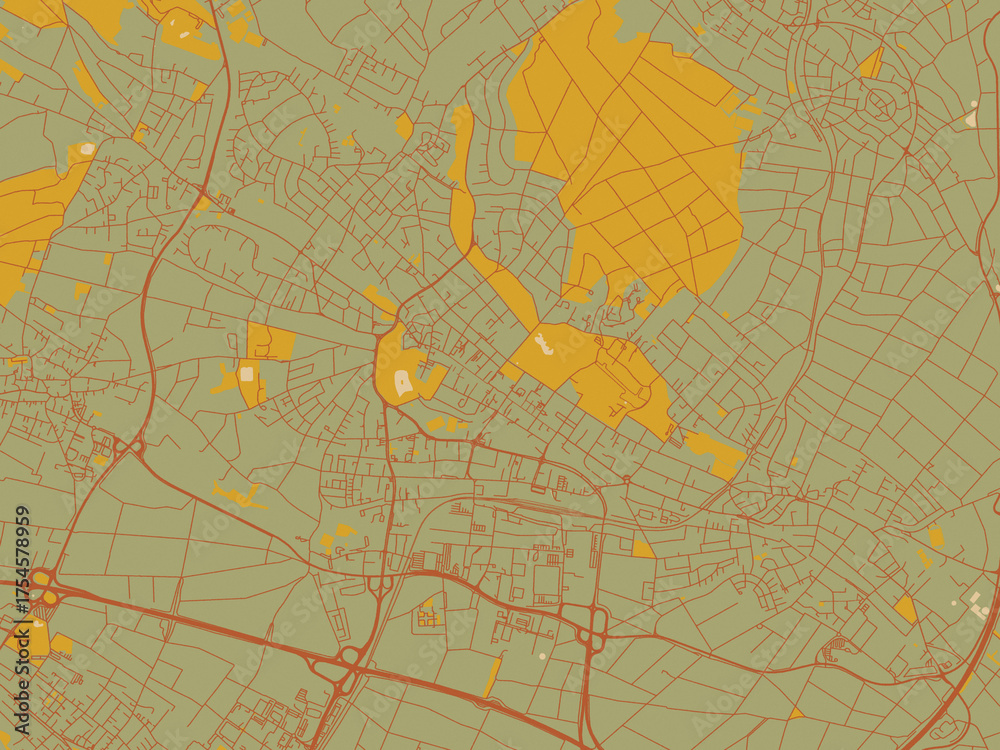 Fototapeta premium Modern flat map poster of Bad Homburg, Germany in olive backdrop with warm rust street network and ochre blocks.