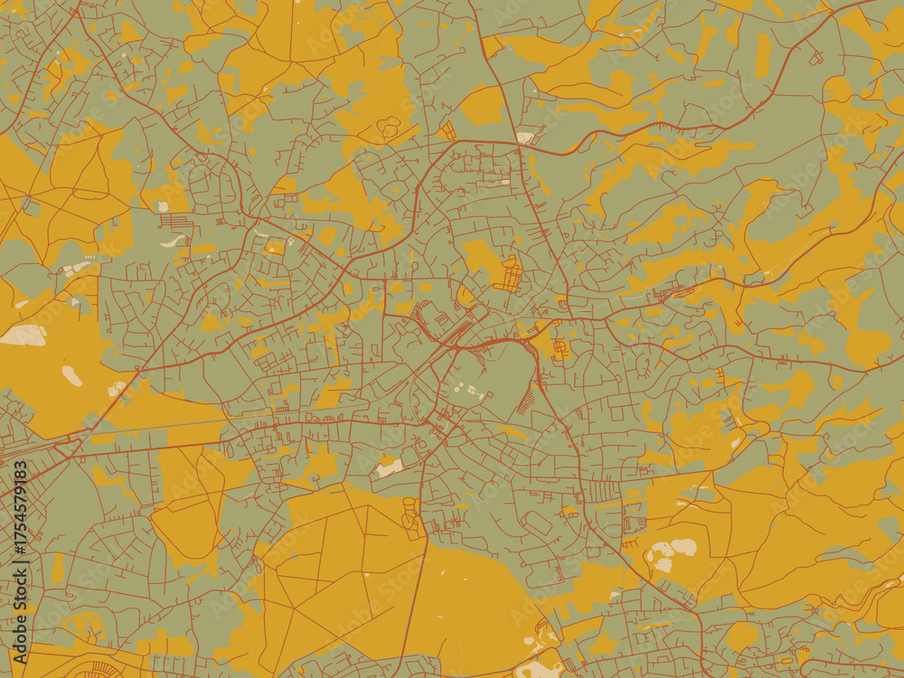 Fototapeta premium Modern flat map poster of Bergisch Gladbach, Germany in olive backdrop with warm rust street network and ochre blocks.