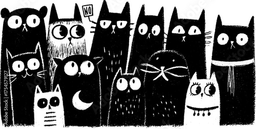 Whimsical tribal folk art cats in blackwork silhouette style for creative design