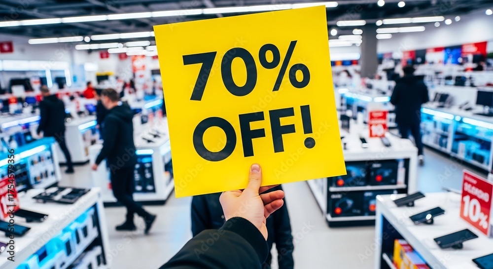 Obraz premium Retail sale advertisement with 70% off discount. Great deals on electronics. Promotion for Black Friday, Cyber Monday, seasonal shopping, or holiday deals. 