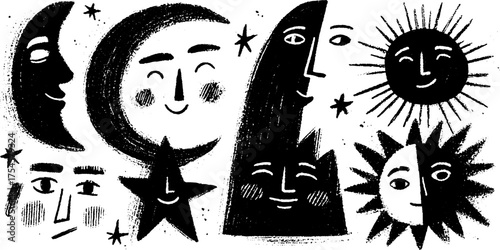 Surreal tribal folk art in blackwork style featuring sun, moon, and star faces for unique design