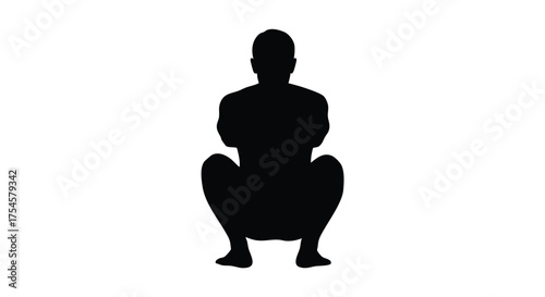 Black silhouette of a person squatting on a white background, representing exercise and fitness