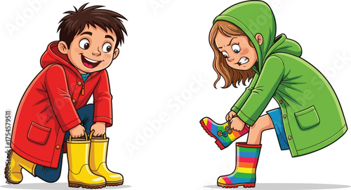 Children putting on rain boots, cartoon rainy day scene, playful vs frustrated behavior, expressive emotion contrast, weather preparation illustration