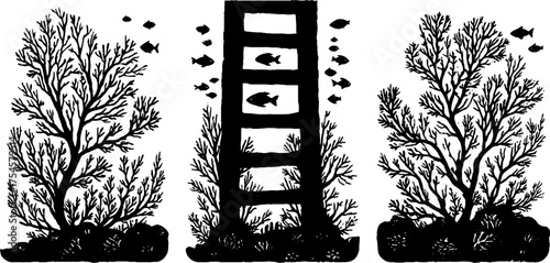 Tribal folk art blackwork illustration of symbolic elements inspired by nature