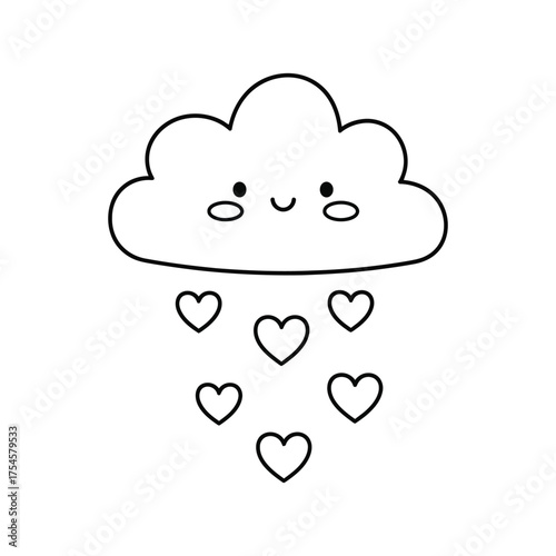 Cute kawaii cloud raining hearts simple outline drawing for coloring and design