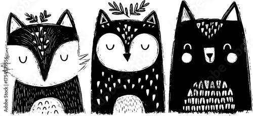 Charming woodland creatures in tribal folk art blackwork silhouettes for scandinavian-inspired design