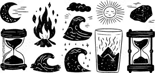 Tribal folk art blackwork: celestial and nature-inspired silhouette collection for design