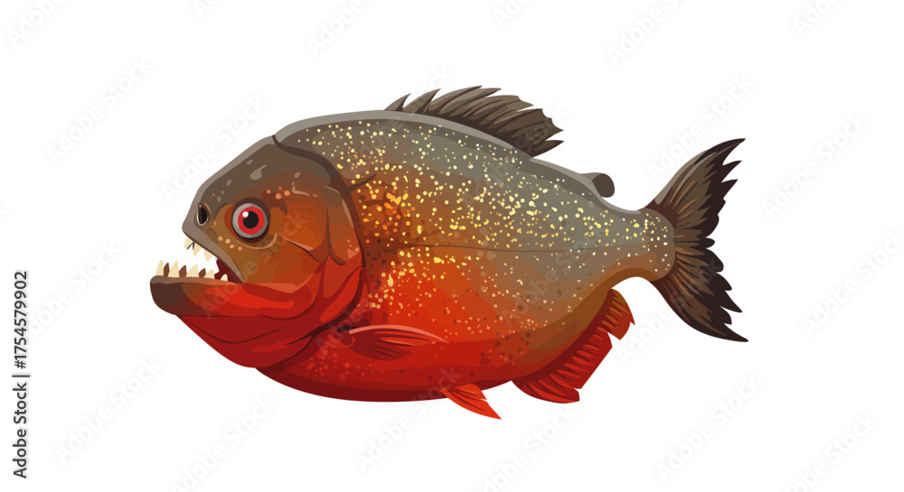 Fototapeta premium Cartoon Piranha with Sharp Teeth and Red Belly.