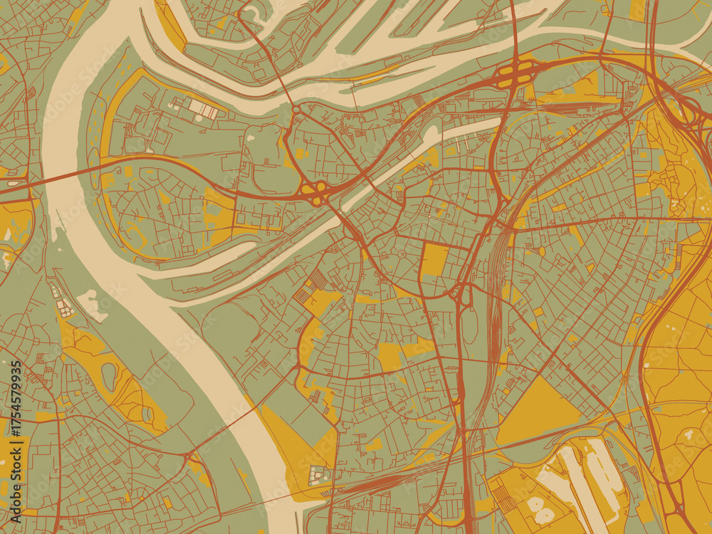Obraz premium Abstract flat-design map of Duisburg, Germany, featuring olive backdrop with warm rust street network and ochre blocks.