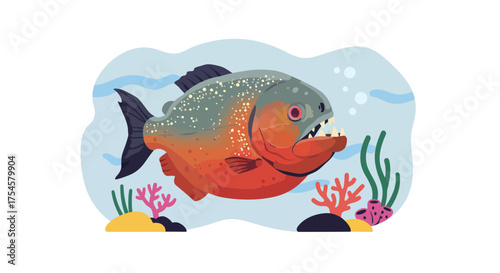 Cartoon Piranha with Sharp Teeth in Aquatic Scene.