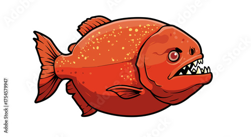 Cartoon Red Piranha with Sharp Teeth and Yellow Spots Illustration.