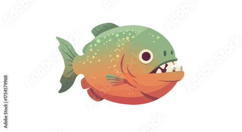 Cartoon Piranha with Sharp Teeth and Green-Orange Body.
