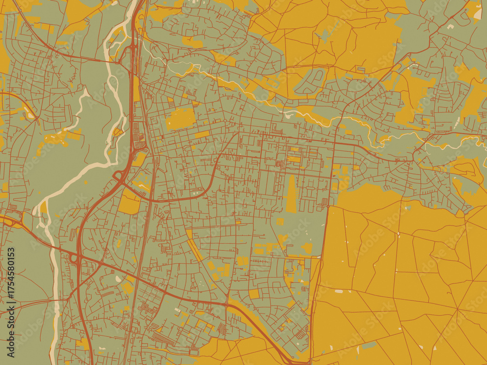 Fototapeta premium Flat painterly map of Erlangen, Germany in olive backdrop with warm rust street network and ochre blocks.