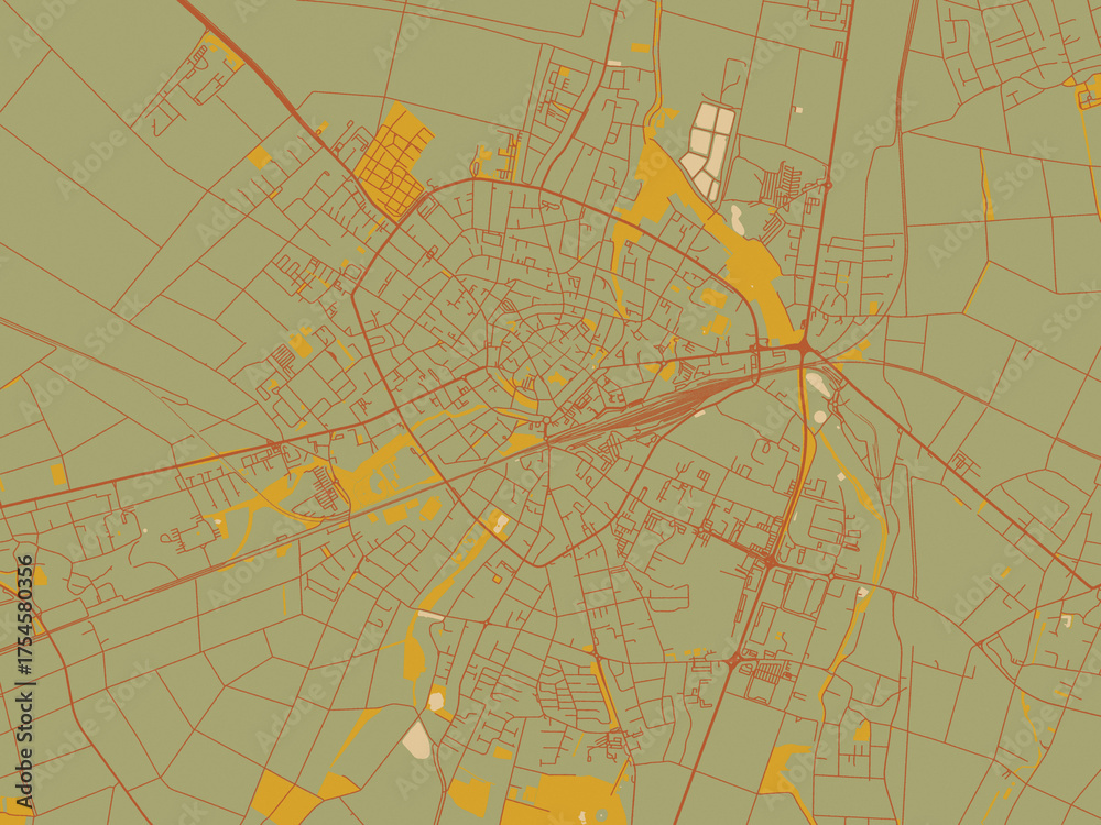 Obraz premium Minimalist flat city map of Euskirchen, Germany with sage green ground with rust-red roads and ochre accents.