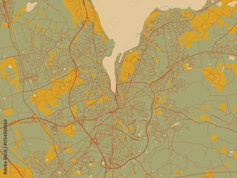 Fototapeta premium Contemporary flat map of Flensburg, Germany design with sage green ground with rust-red roads and ochre accents.