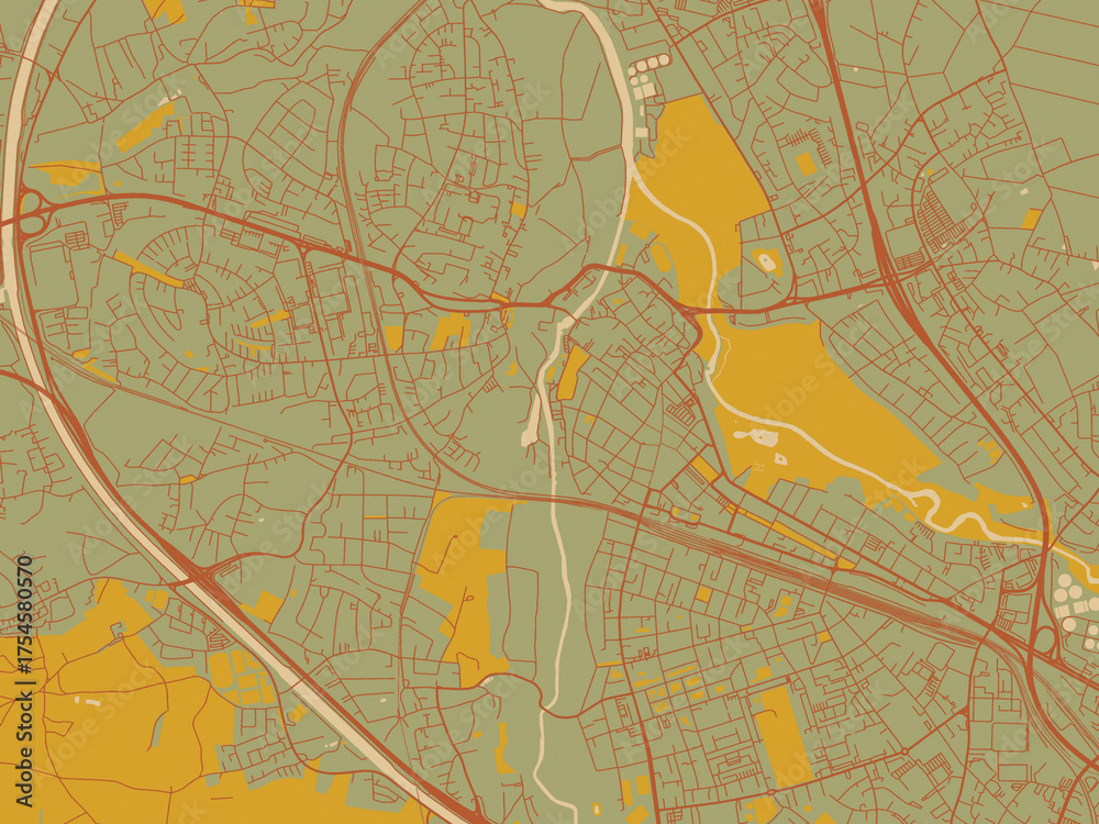 Obraz premium Stylized minimalist map of Furth, Germany in muted sage base, rust-colored roads, and soft ochre highlights.