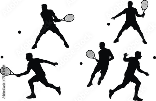 Silhouette of male tennis players in different action poses, holding racket and hitting ball, sports training and competition vector illustration