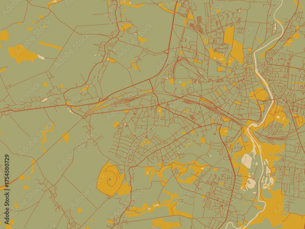 Naklejka premium Vector-style flat map of Gorlitz, Germany with sage/olive tone field with rust networks and ochre shapes, cream water.