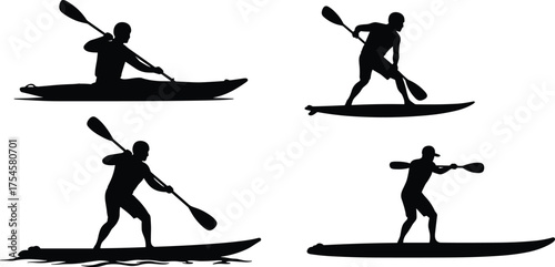 Silhouette of people kayaking and paddle boarding on water, outdoor adventure water sports, recreation activity, summer fitness lifestyle, vector illustration design