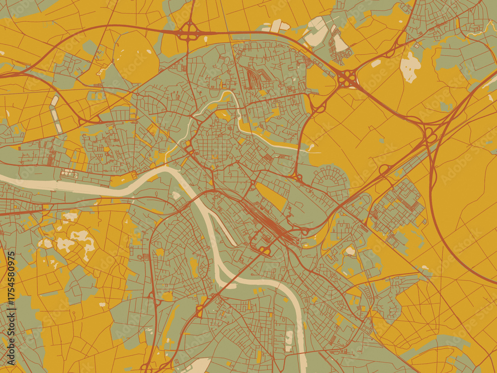 Obraz premium Graphic flat color map of Hanau, Germany in sage/olive tone field with rust networks and ochre shapes, cream water.